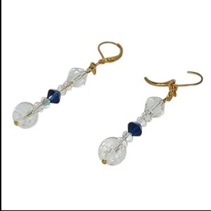 Gold Linear Dangle Drop Earrings Clear Aurora Borealis Blue Crystal Mod 1960s
